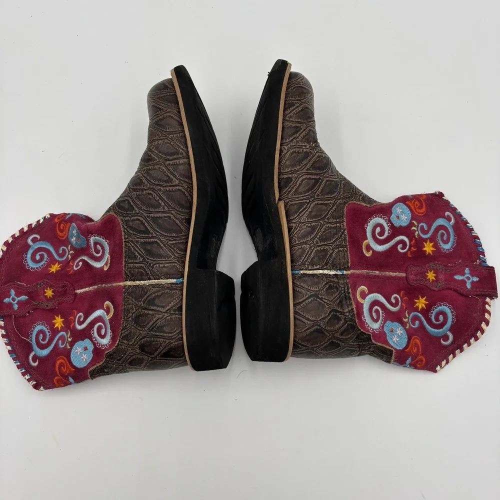 Ariat Cowboy Boots Girls Size 2.5 Brown Pink Embroidered‎ Round Toe Western